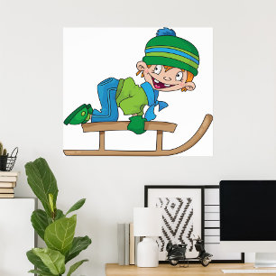 Affiche Amusant Hiver Sledding Boy mignonne Snow Adventure