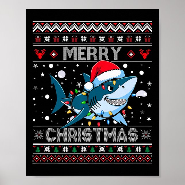Affiche Amusant Joyeux Vilain Requin de Noël Santa Hat Lum (Devant)