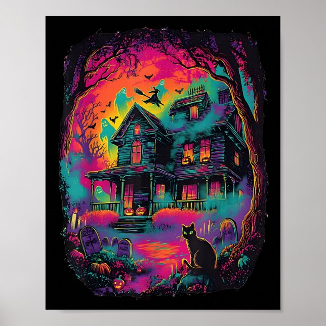 Affiche Amusant Neon S Fantôme Chat Noir Sorcière Hallowee (Devant)