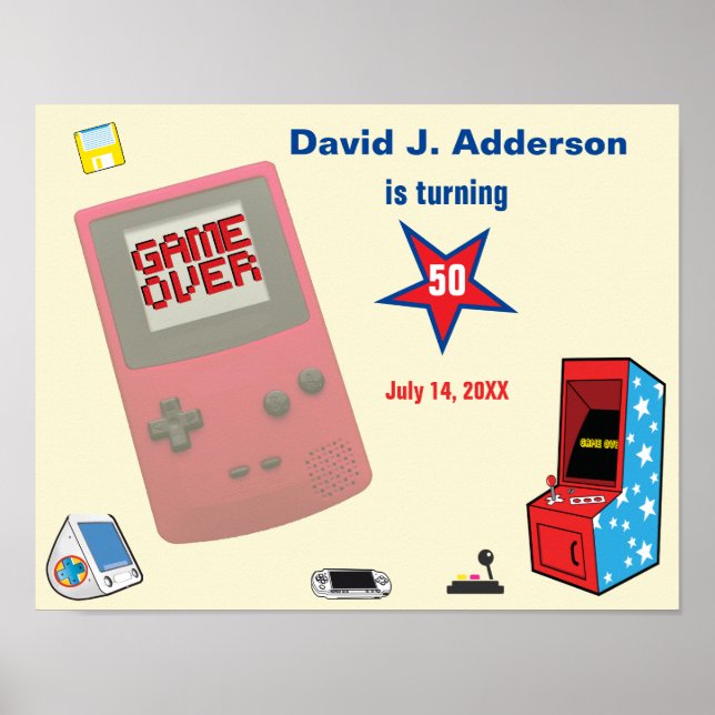 Affiche Amusant Retro Vidéo Gamer 🎮 50e anniversaire (Devant)