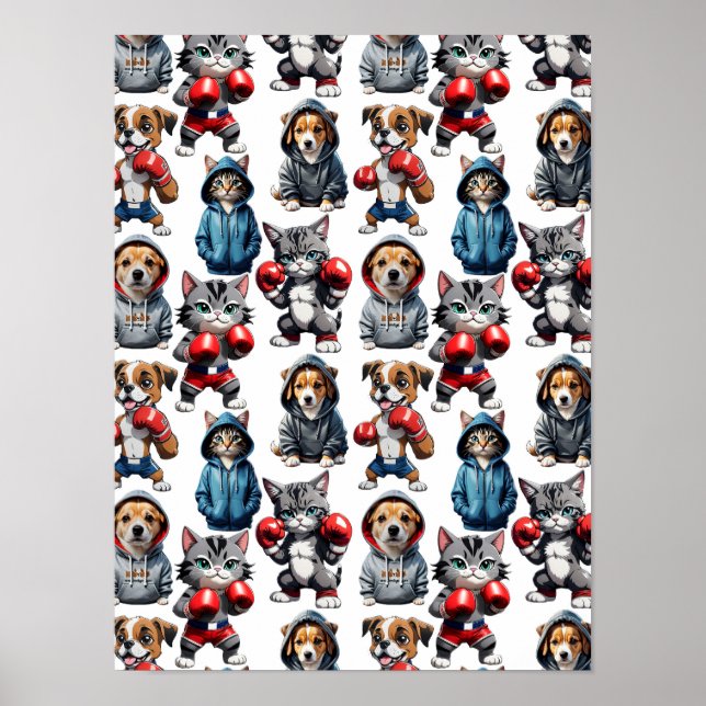 Affiche Amusante Boxe Chat Chien Motif Design (Devant)