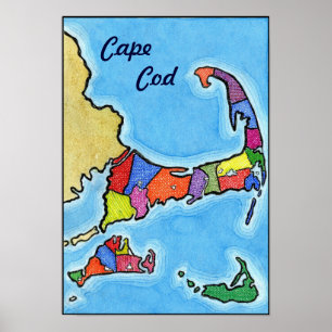 Affiche Amusement unique et carte colorée de Cape Cod