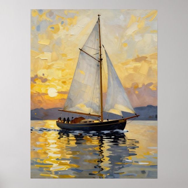 Affiche An Impasto Illustration of a Sailboat at Sunset (Devant)