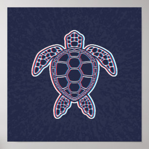Affiche Anaglyphe Rouge Et Bleu 3D Effet Glitch Tortue de