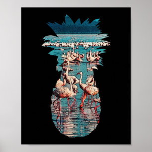 Affiche Ananas Et Flamant rose Design Plage Vintage Été