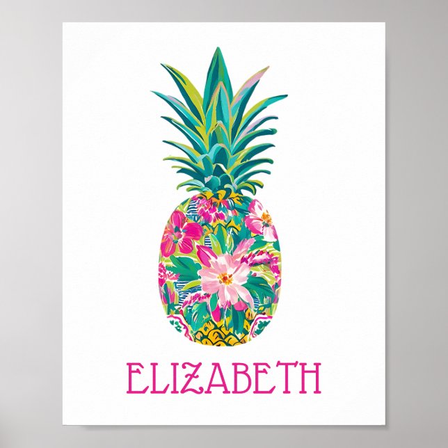 Affiche Ananas Floral Tropical Rose et Vert (Devant)