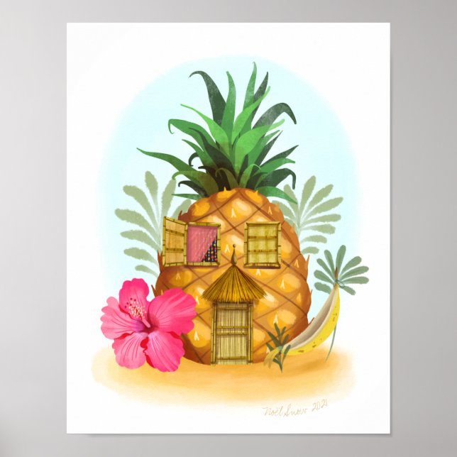 Affiche Ananas Hibiscus Beach House Art Imprimer (Devant)