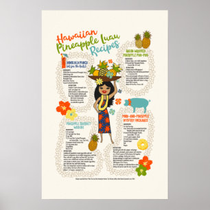 Affiche Ananas Luau Hawaiian Hula Girl Recettes Vintages