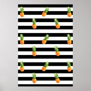 Affiche Ananas, motif à rayures noires, Toile d'ananas