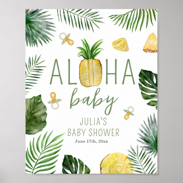 Affiche Ananas & Pacificateurs Aloha Baby shower vert (Devant)