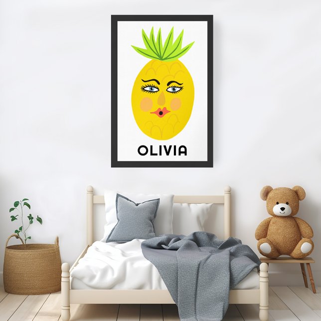 Affiche Ananas Whimsical PERSONNALISÉ NOM DE BÉBÉ Art (Whimsical Pineapple CUSTOM BABY NAME Art Poster)