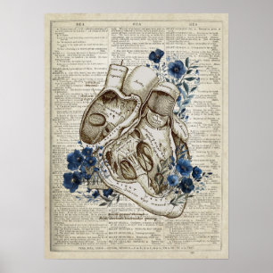 Affiche Anatomie cardiaque avec fleurs Dictionnaire Art