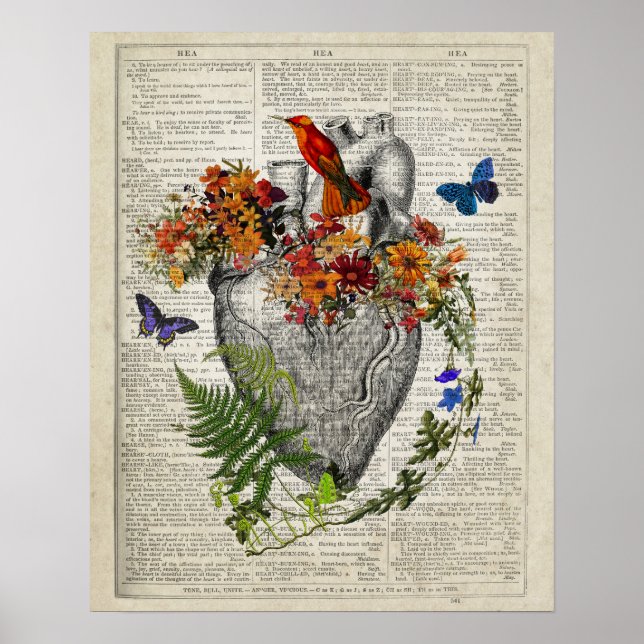 Affiche Anatomie cardiaque avec fleurs Papillons Colibri (Devant)