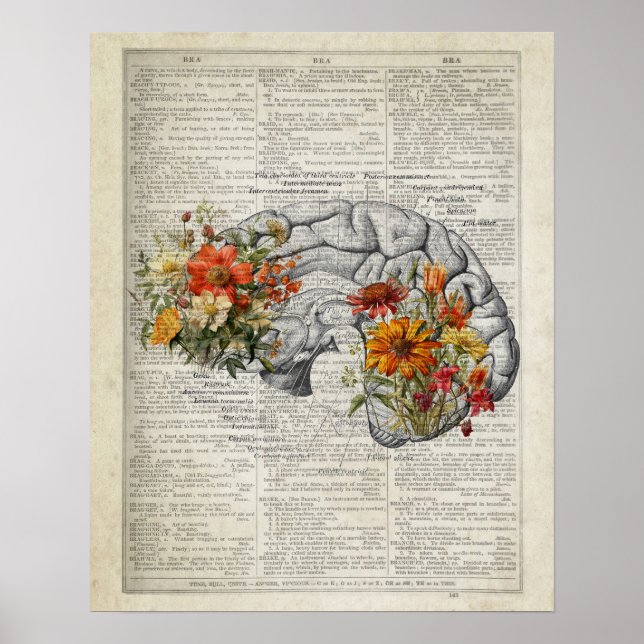 Affiche Anatomie Cerveau Floral Dictionnaire Art Collage (Devant)