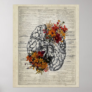 Affiche Anatomie du cerveau humain avec fleurs