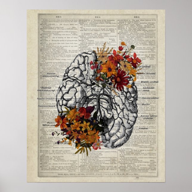 Affiche Anatomie du cerveau humain avec fleurs (Devant)