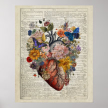 Anatomie du coeur humain avec fleurs et papillons
