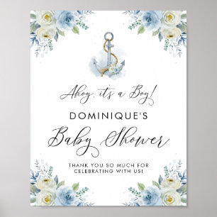 Affiche Anchor Blue Floral Nautical Baby Shower Welcome