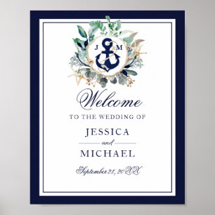Affiche Anchor Monogram Greenery Wreath Wedding Welcome