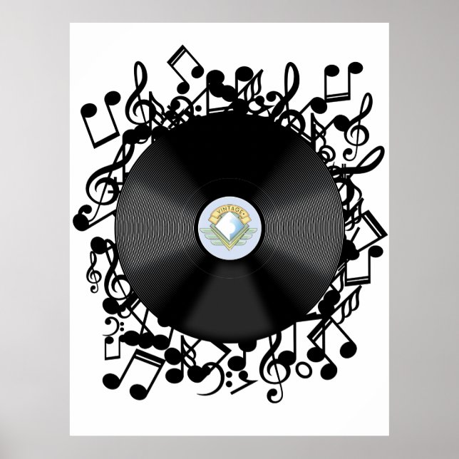 Affiche Ancien disque de vinyle et notes musicales (Devant)
