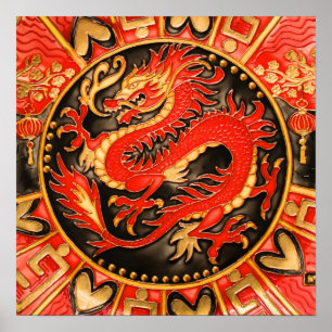 Affiche Ancien Dragon chinois traditionnel Rouge Or Or