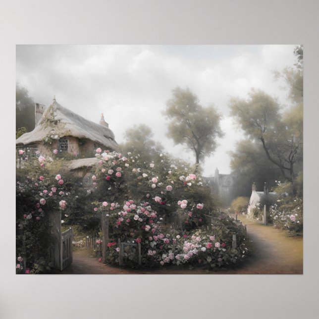 Affiche Ancien gîte rose jardin anglais - Art vintage (Devant)