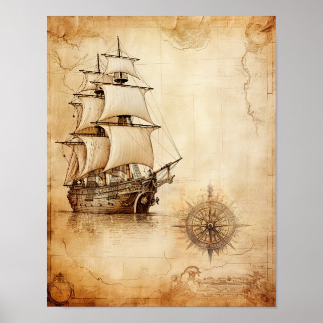 Affiche Ancien navire et Windrose Compass Antique Carte (Devant)