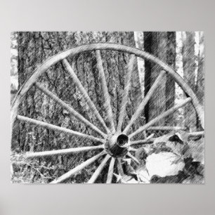 Affiche Ancien Wagon Roue Noir Crayon Art
