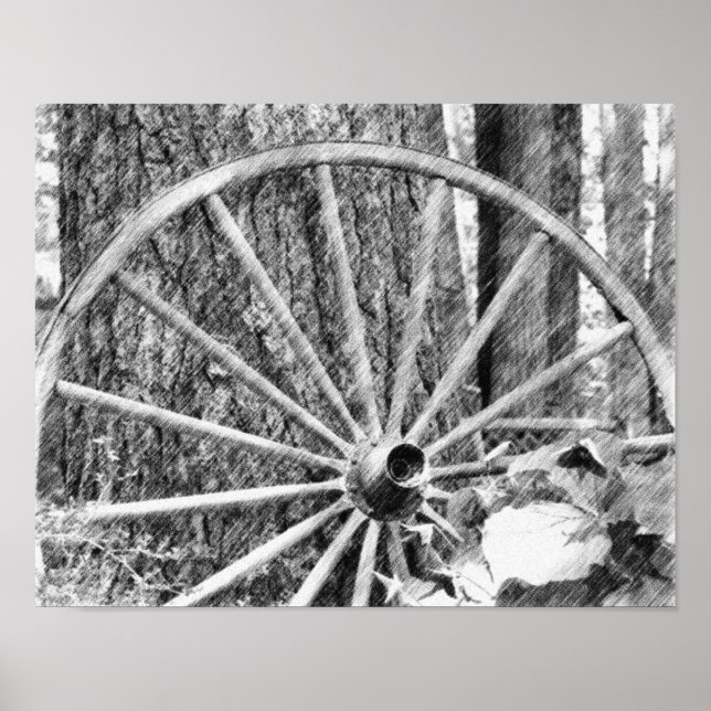 Affiche Ancien Wagon Roue Noir Crayon Art (Devant)