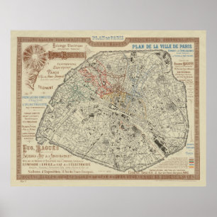 Affiche Ancienne carte de Paris France (1895)