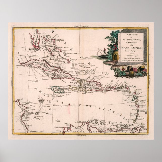 Affiche Ancienne carte des Caraïbes (1785) Atlas des Antil (Devant)