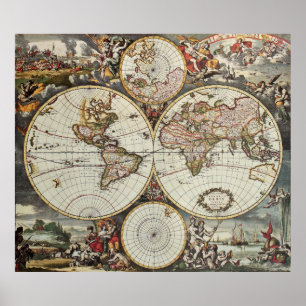 Affiche Ancienne carte des hémisphères du monde. Créé par