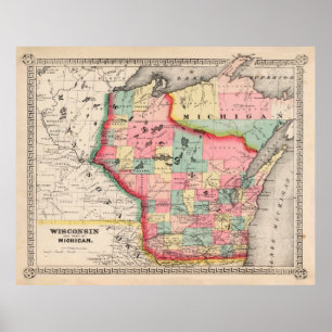 Affiche Ancienne carte du Wisconsin (1865) État Vintage du