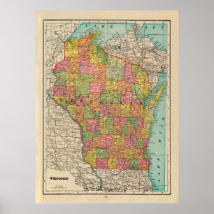Affiche Ancienne carte du Wisconsin (1909) État Vintage du