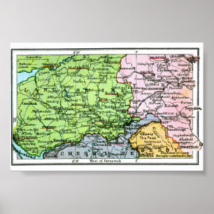 Affiche - Ancienne carte du Yorkshire/Lancashire 