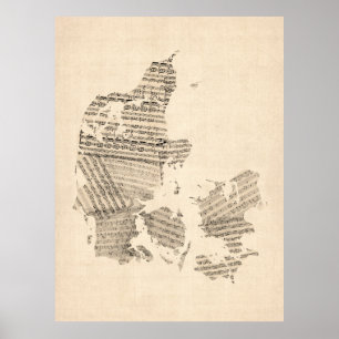Affiche Ancienne feuille de musique Carte du Danemark