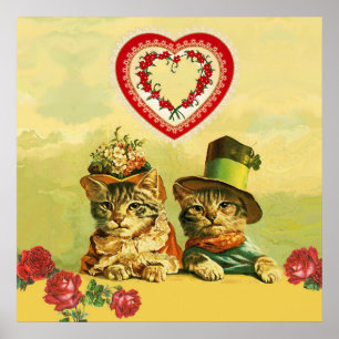 AFFICHE ANCIENNE MODE AMUSANTE VALENTINES JOURNÉE CHATS, C