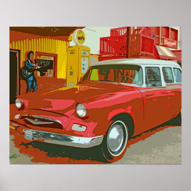 Affiche Ancienne voiture rouge à Old Service Station Poste (Devant)