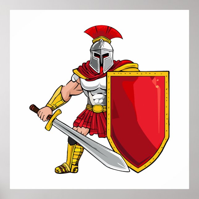 Affiche Ancient warrior with sword and shield in helmet an (Devant)