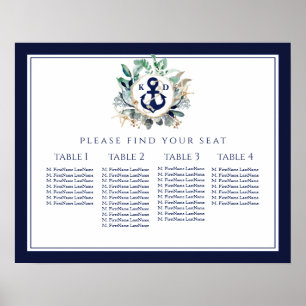 Affiche Ancre de couronne Monogramme Marine Mariage Carte 