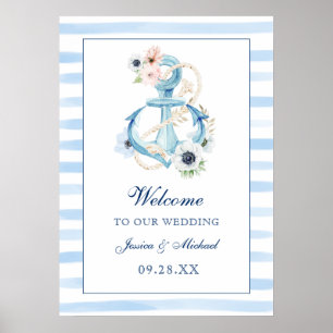 Affiche Ancre Florale Bleu Stripes Plage Mariage Bienvenue