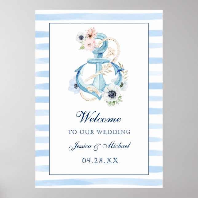 Affiche Ancre Florale Bleu Stripes Plage Mariage Bienvenue (Devant)