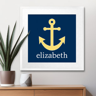 Affiche Ancre nautique avec Motif de Navy Jaune Chevron