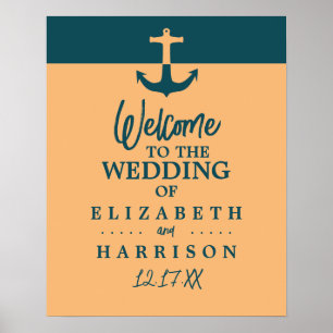 Affiche Ancre nautique, Bleu de corail, Mariage Bienvenue