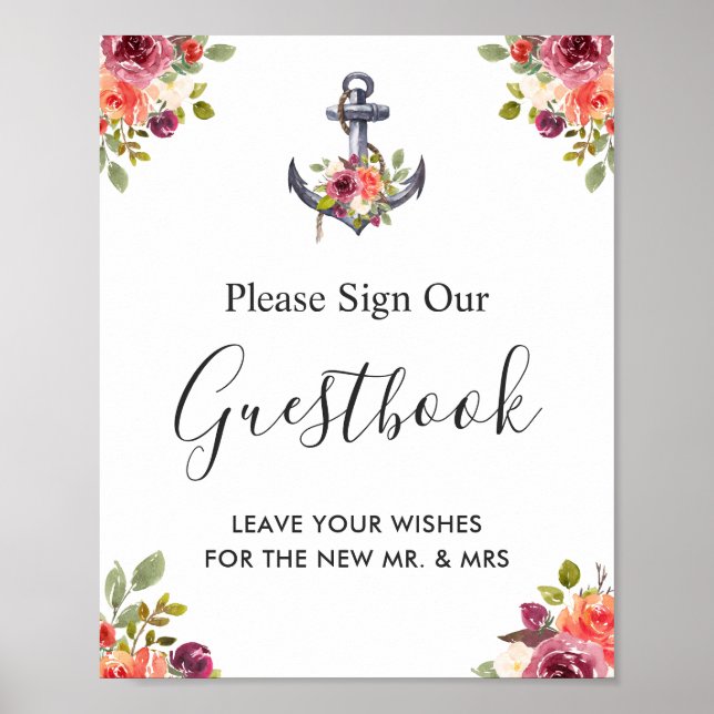 Affiche Ancre nautique Floral Mariage Guestbook Sign (Devant)