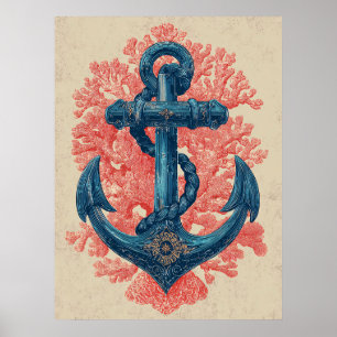 Affiche Ancre nautique vintage avec corail
