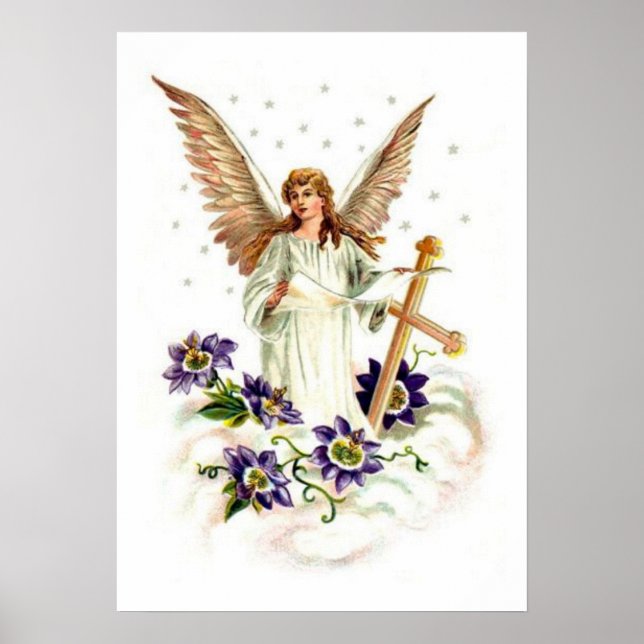 Affiche Ange avec croix et fleurs de clématite  (Devant)