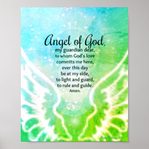 Affiche Ange de Dieu Prière du Gardien Bleu Vert Aquarelle