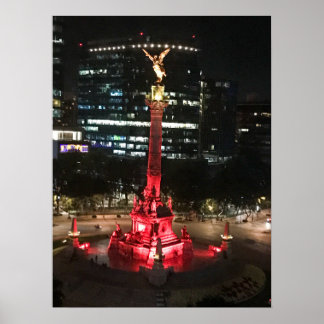 Affiche Ange de l'Indépendance éclairé en rouge, Mexico Ci