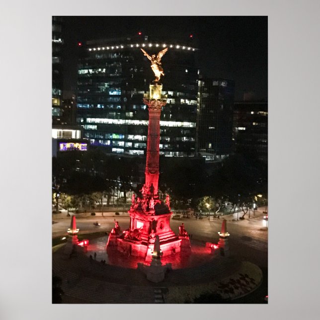 Affiche Ange de l'Indépendance éclairé en rouge, Mexico Ci (Devant)